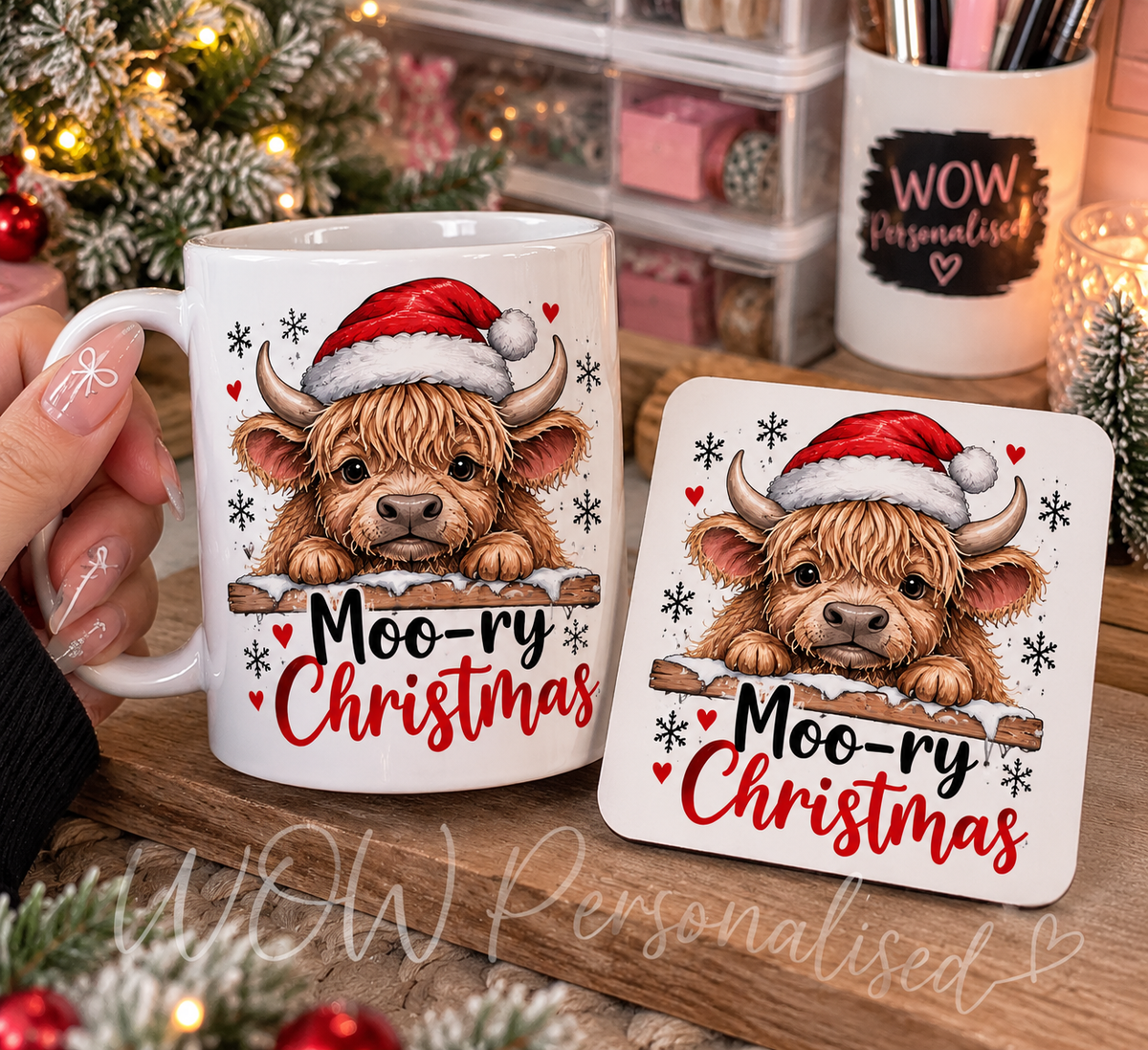 Moo-ry Christmas Highland Cow Mug & Coaster Set | Cute Festive Christmas Gift