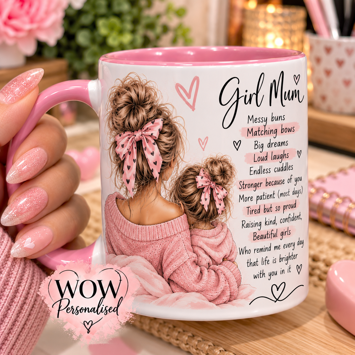 Girl Mum Mug 11oz | Messy Buns & Matching Bows Coffee Cup | Cute Motherβs Day & Birthday Gift for Girl Mums