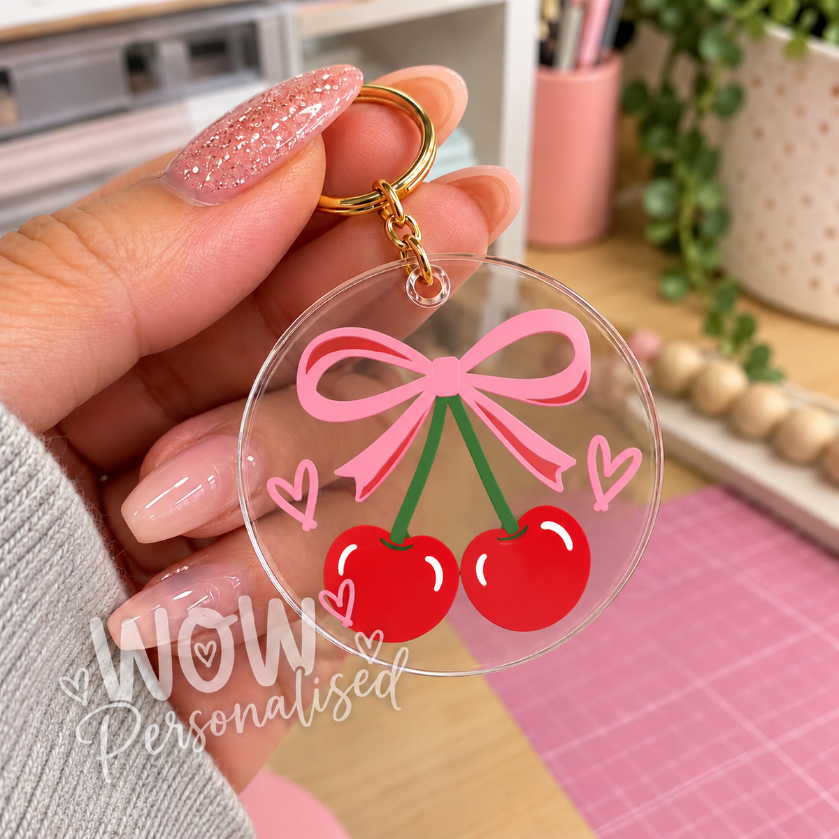 Cherry Bow Acrylic Keyring | Cute Pink Cherry Keychain | Handmade Gift