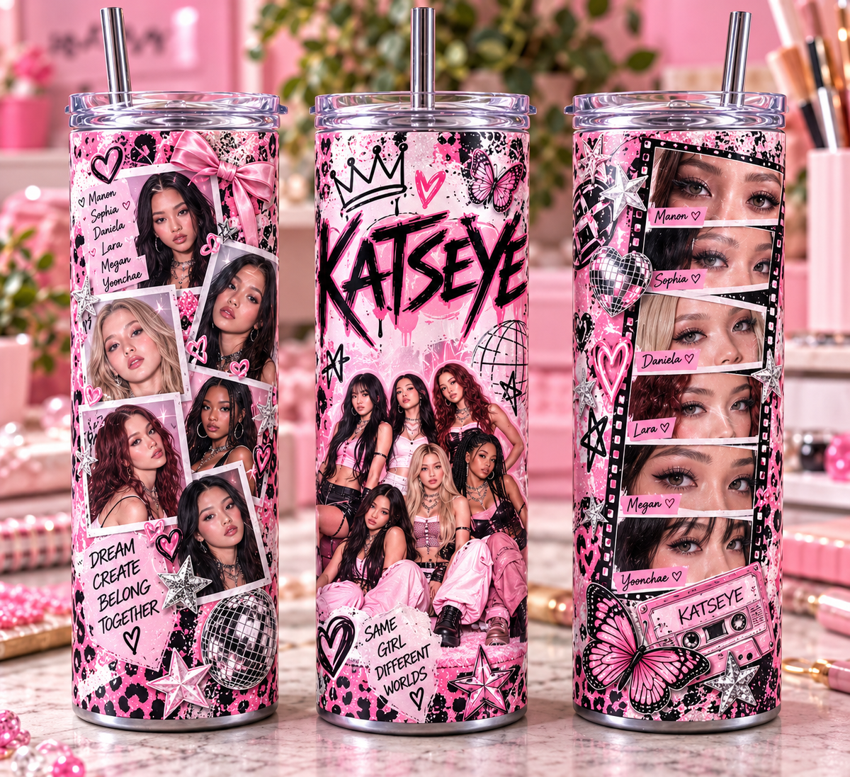 KATSEYE Inspired 20oz Skinny Tumbler | Pink K-Pop Girl Group Cup with Straw | K-Pop Fan Gift