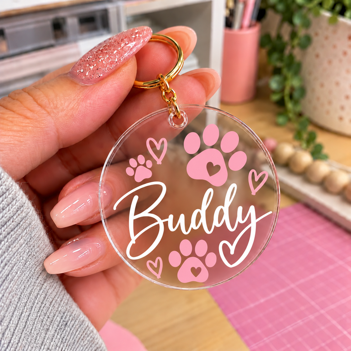 Personalised Pet Name Acrylic Keyring | Paw Print Dog Keychain | Custom Pet Gift