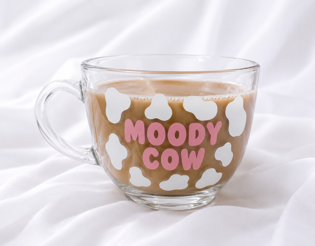 Personalised Moody Cow Cappuccino Mug | Funny Glass Coffee Mug | Pink, Black & White Designs