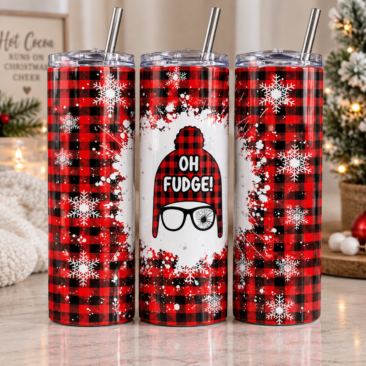 Oh Fudge Christmas 20oz Tumbler – Red Plaid Festive Cup