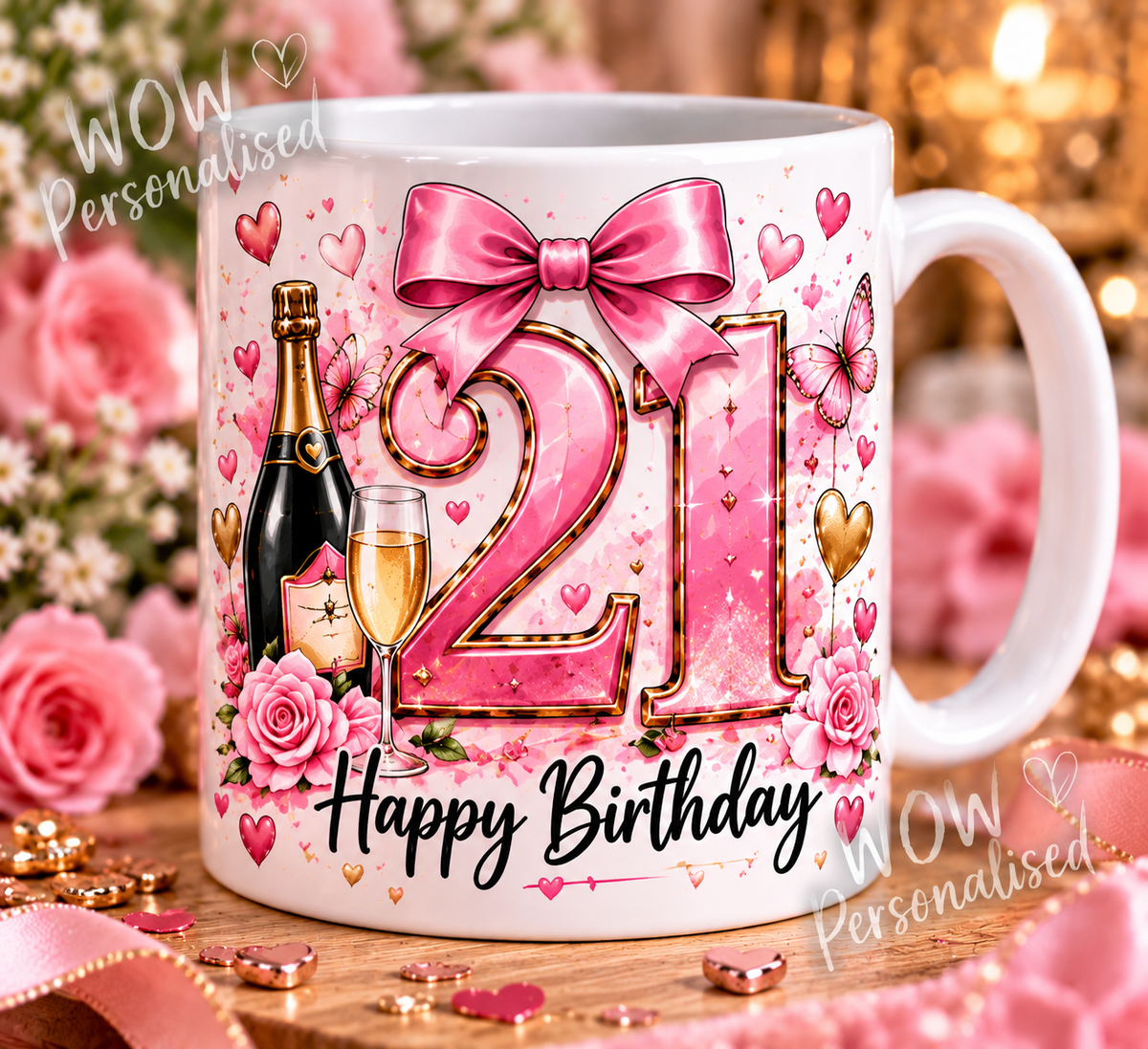 21st Birthday Mug for Her | Pink Bow & Gold Design | 11oz Ceramic Cup | 21st Birthday Gift for Daughter, Sister or Best Friend