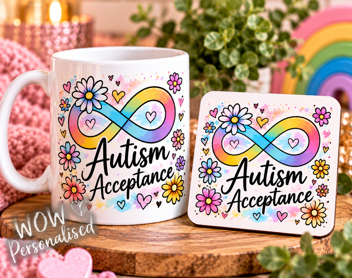 Autism Acceptance Mug & Coaster Set | Rainbow Infinity Symbol & Flowers | Neurodiversity Awareness Gift | 11oz Ceramic Mug