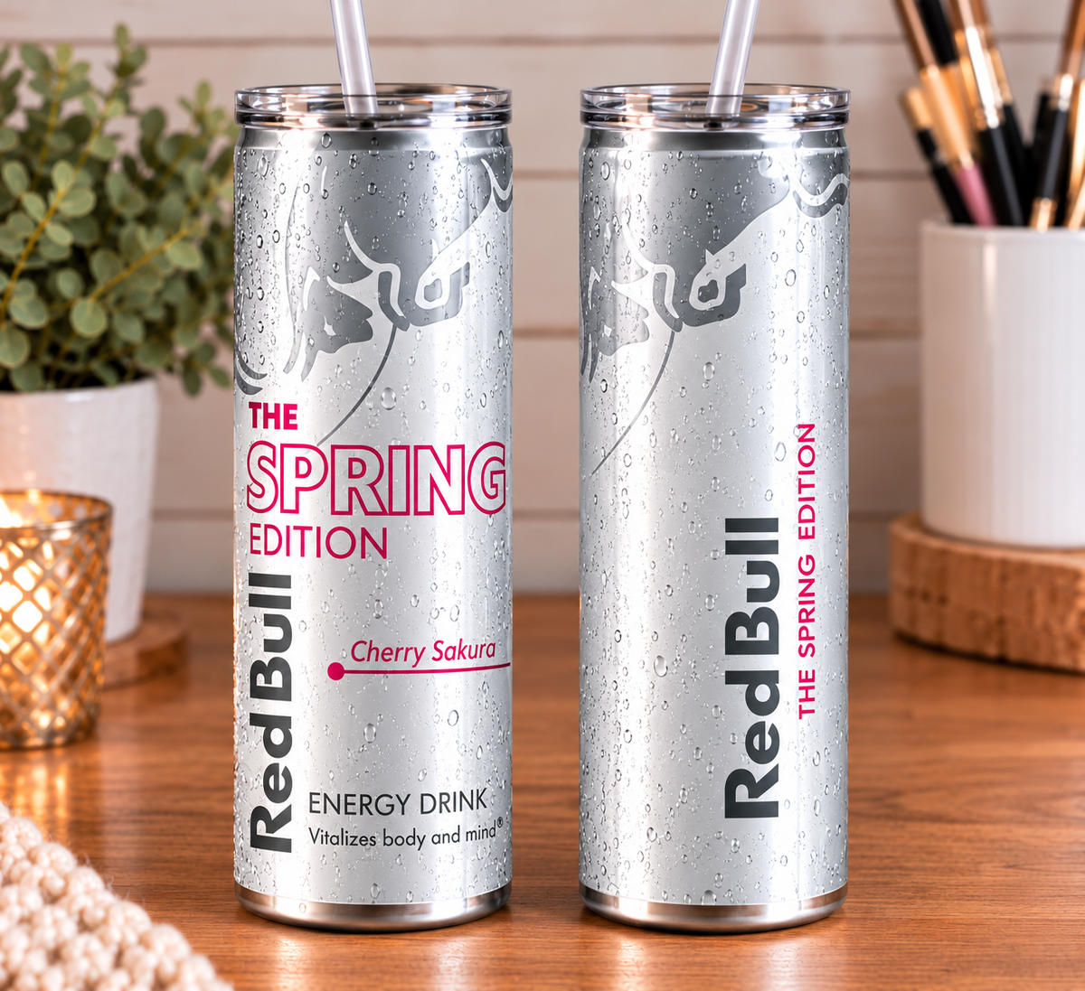 Red Bull Spring Edition Cherry Sakura Inspired 20oz Skinny Tumbler | Silver & Pink Energy Drink Can Design | WOW Personalised