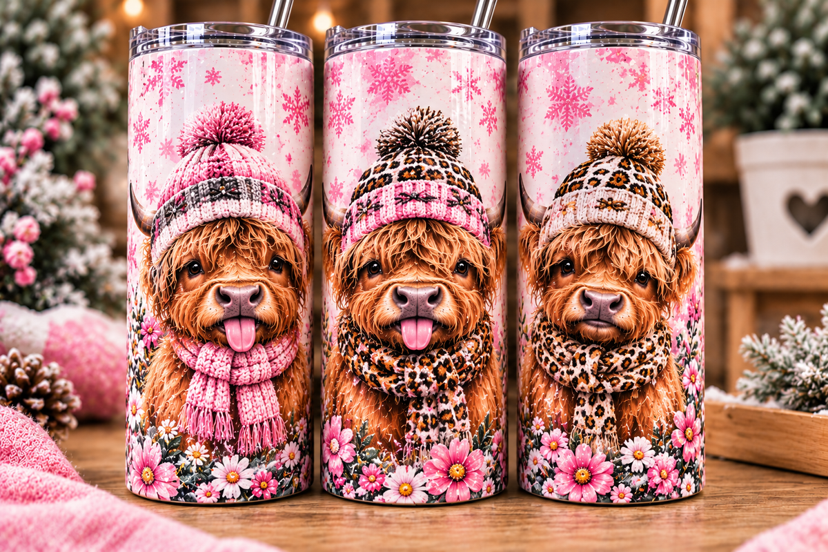 Cute Winter Highland Cow 20oz Skinny Tumbler | Pink Leopard Print Cow Cup