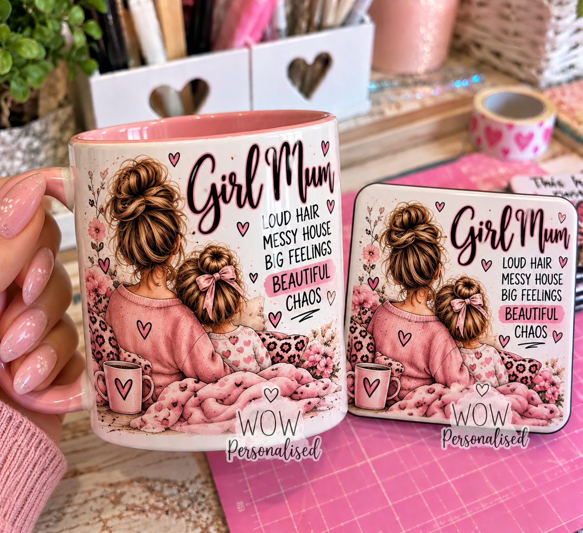Girl Mum Mug & Matching Coaster Set | Pink Mummy Gift | Cute Mother & Daughter Design | Motherβs Day & Birthday Gift | WOW Personalised