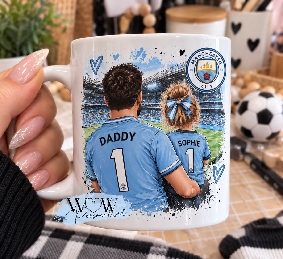 Personalised Manchester City Inspired Daddy & Child Mug | Football Dad Gift | Son or Daughter | Custom Name 11oz Mug
