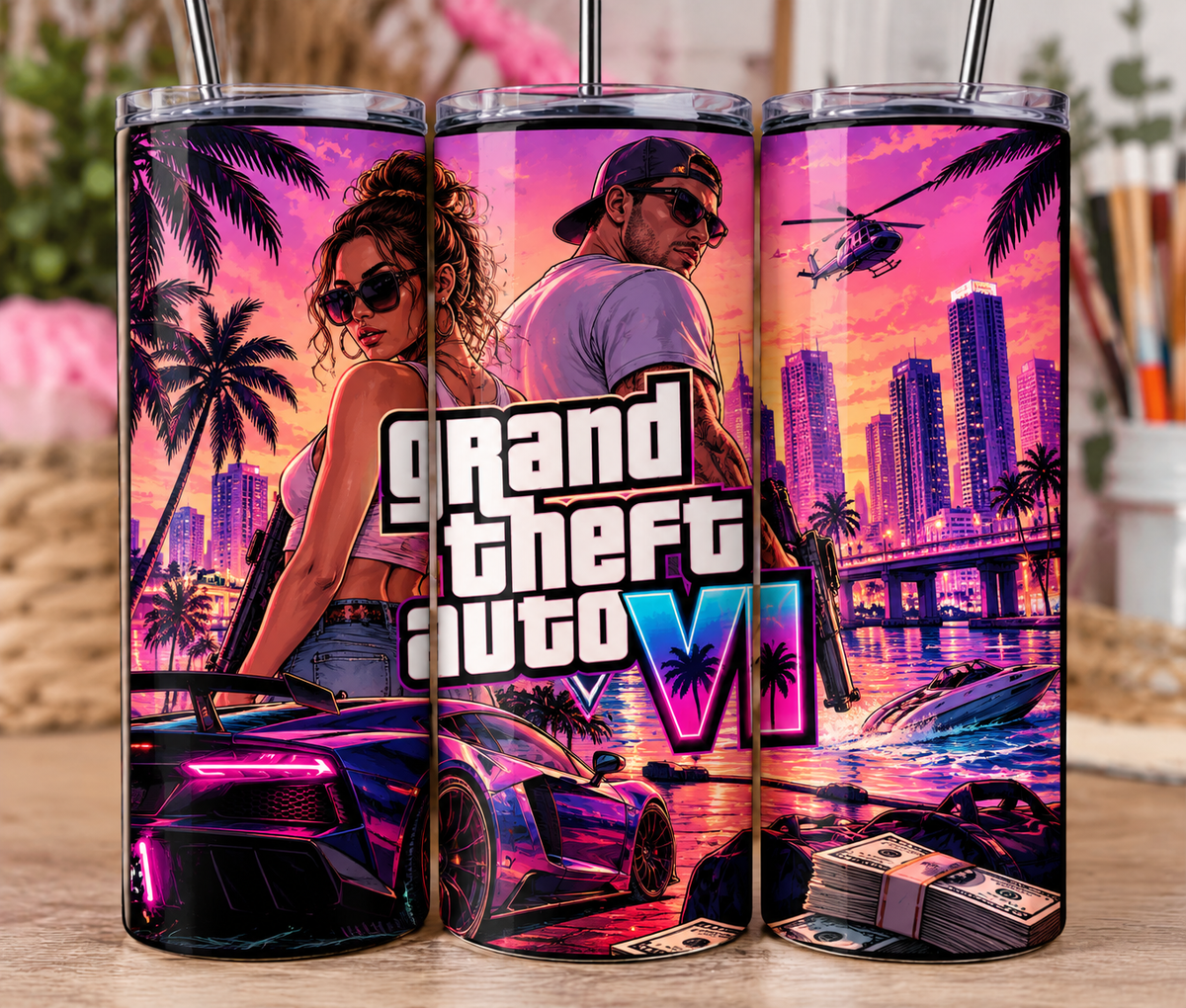 GTA 6 Inspired 20oz Skinny Tumbler | Grand Theft Auto VI Gaming Cup | Vice City Gamer Gift