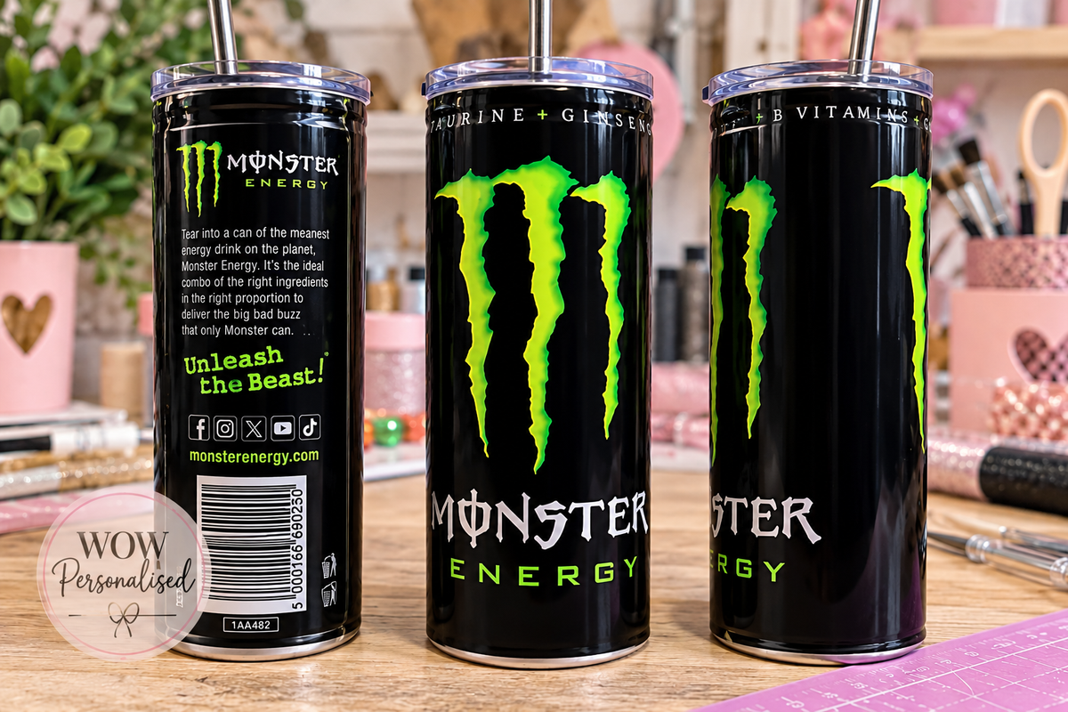 Monster Energy Inspired 20oz Skinny Tumbler | Black & Green Energy Drink Design | Reusable Cup with Straw
