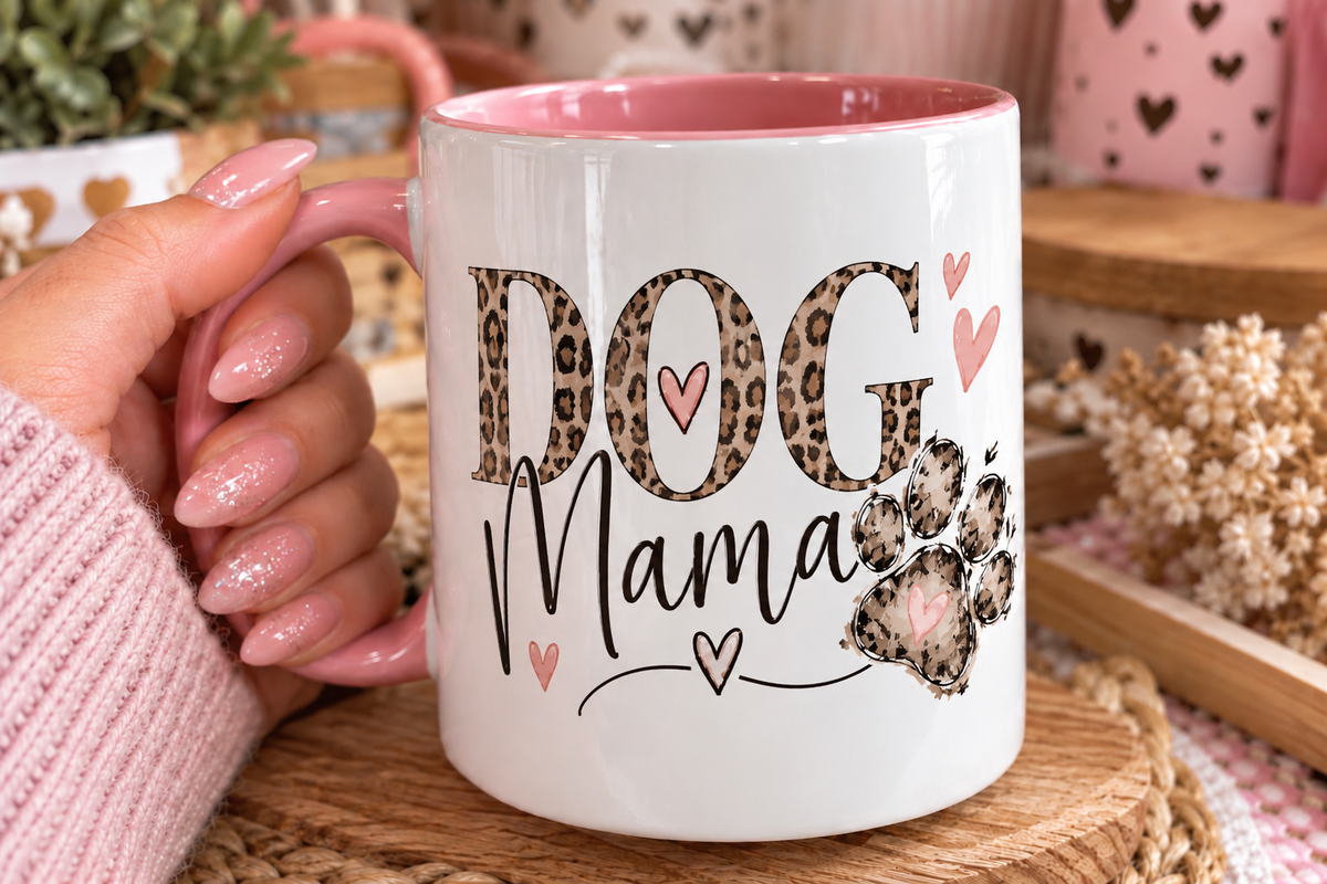 Leopard Print Dog Mama Mug β Pink Handle Dog Mum Coffee Cup | Cute Paw Print Gift