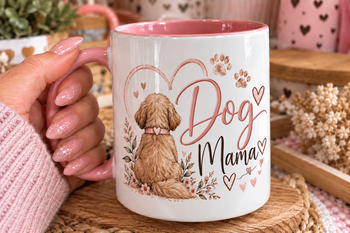 Dog Mama Mug β Cute Custom Dog Design | Pink Handle Dog Mum Gift