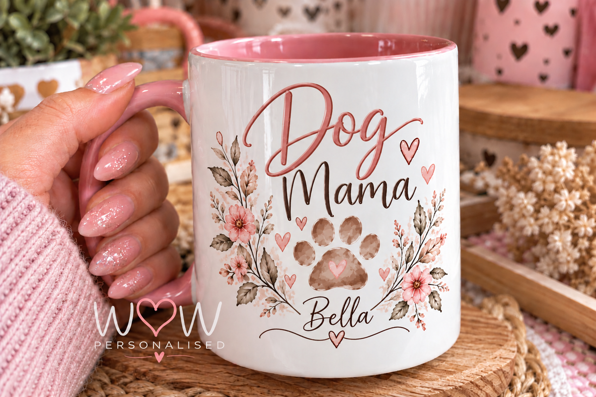 Personalised Dog Mama Mug β Custom Dog Name Pink Handle Mug | Dog Mum Gift