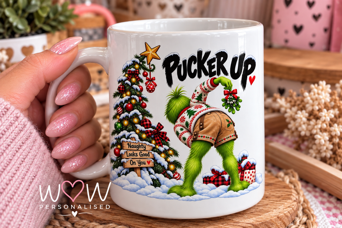 Funny Grinch Inspired Christmas Mug β Pucker Up Rude Festive 11oz Mug | Adult Christmas Gift