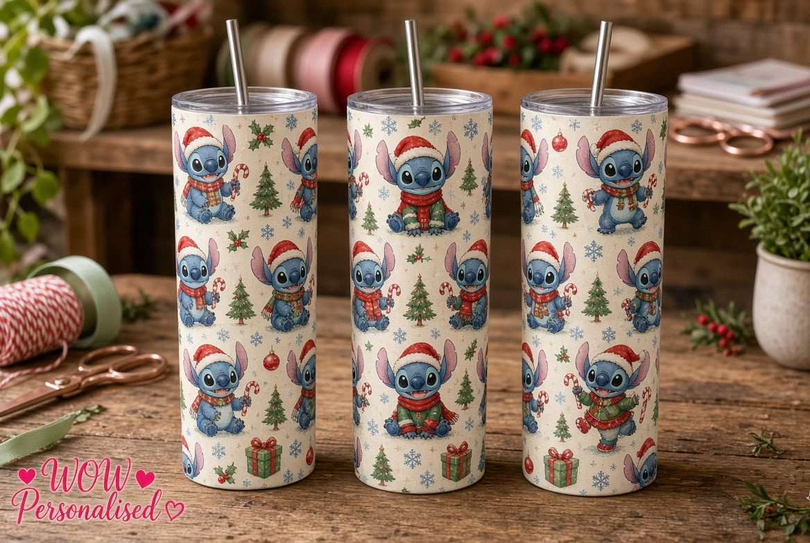 Christmas Blue Alien Inspired 20oz Skinny Tumbler | Cute Festive Stitch Inspired Christmas Cup