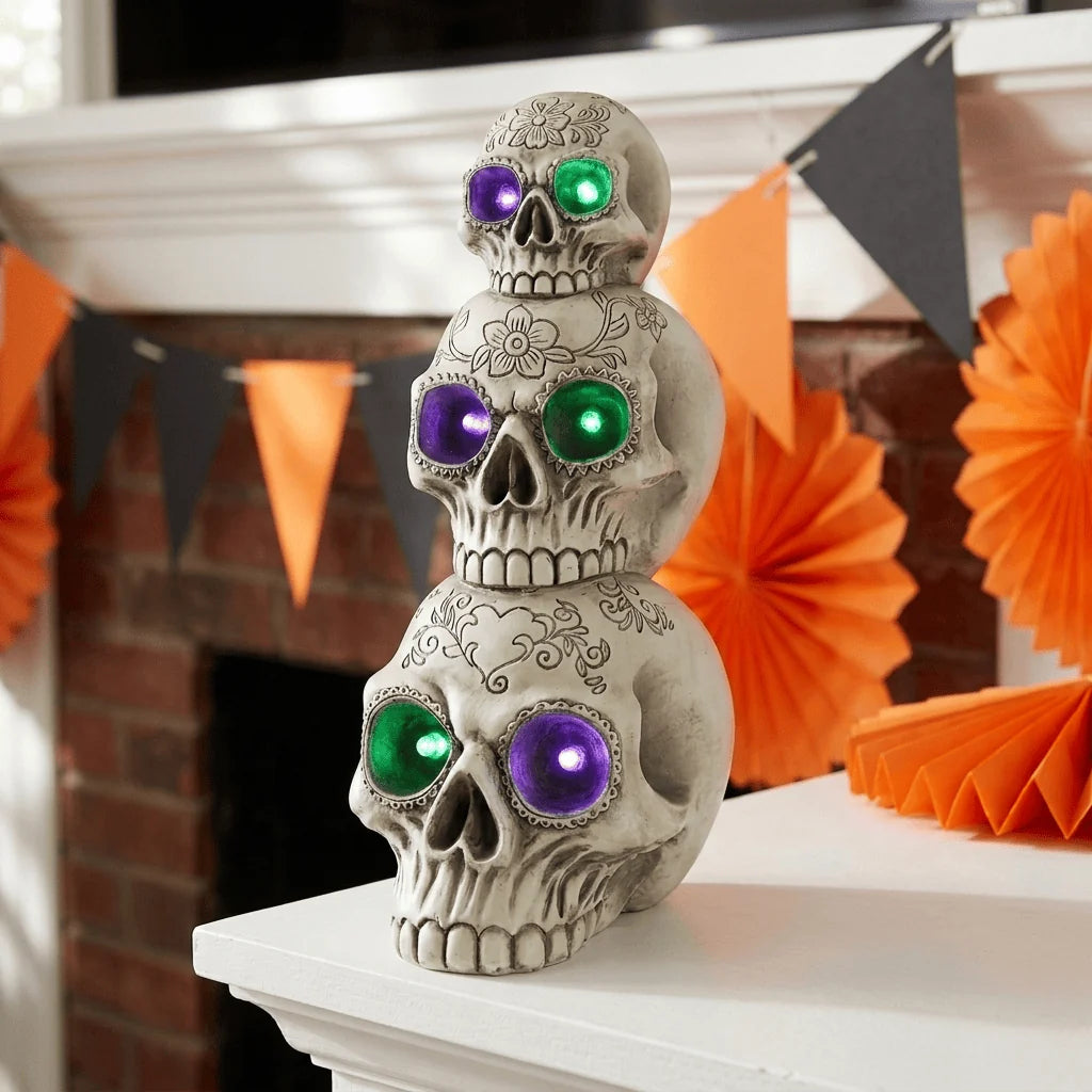 Light Up Skull Stack Colour Change LED Halloween Decoration 30cm