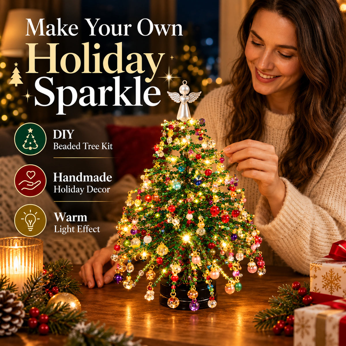 DIY Beaded Christmas Tree Craft Kit with LED Lights, Handmade Holiday Tabletop Decor