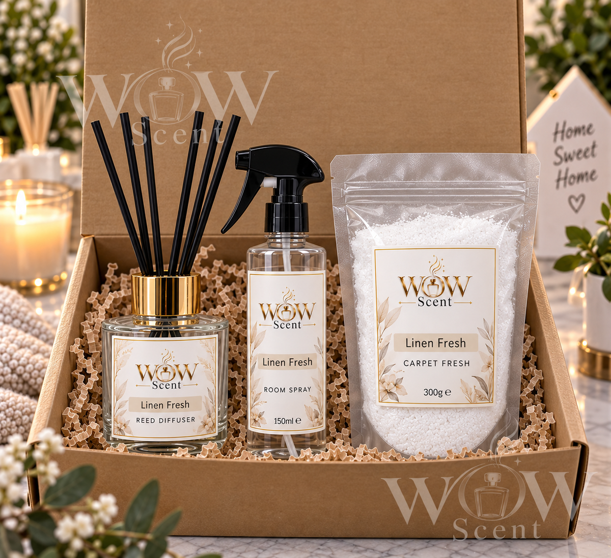 Home Fragrance Gift Set | Reed Diffuser, Room Spray & Carpet Fresh | WOW Scent