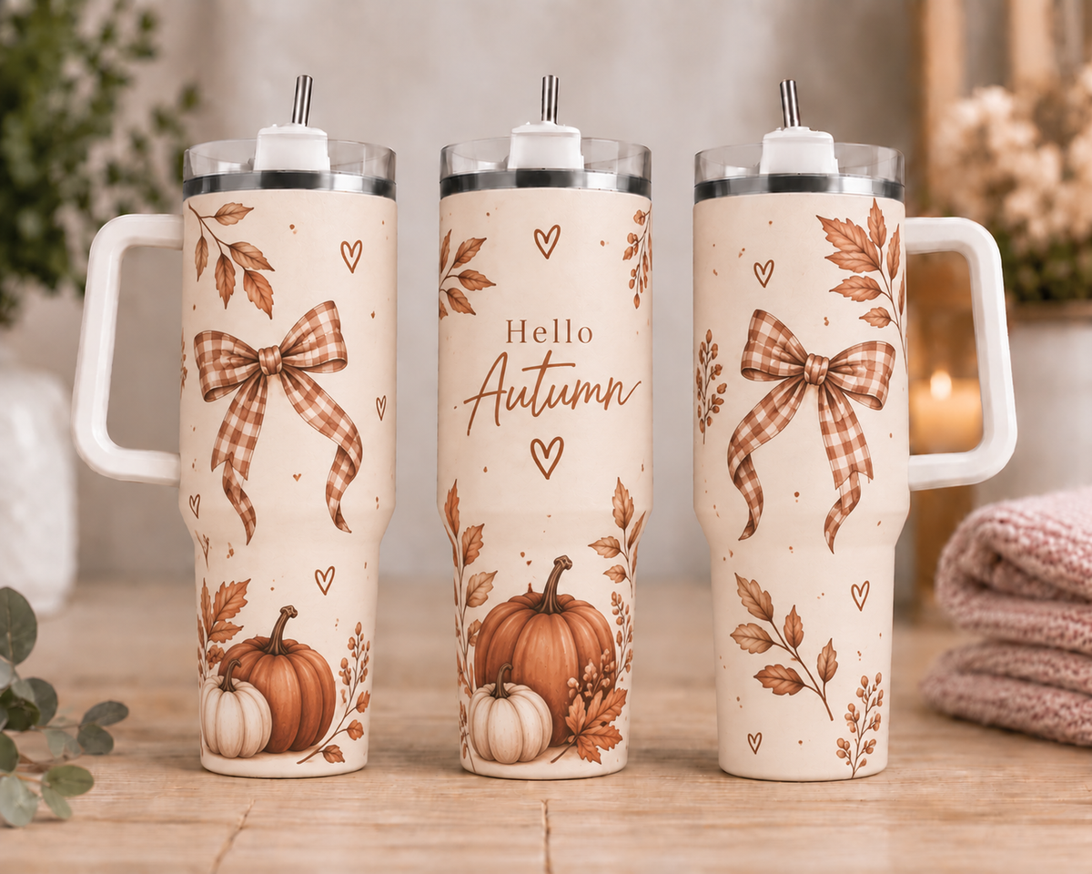 Hello Autumn 40oz Tumbler with Handle & Straw | Pumpkin Bow Cup
