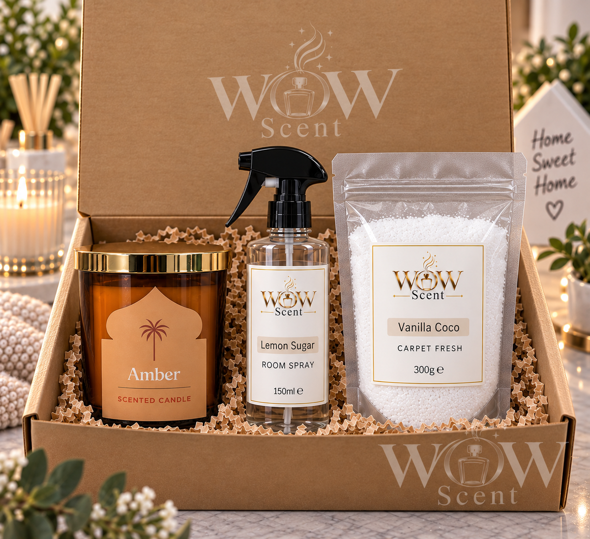 Luxury Home Fragrance Gift Set | Candle, Room Spray & Carpet Fresh | WOW Scent