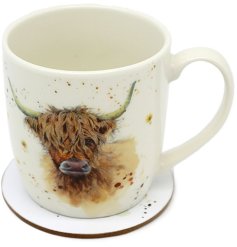 Jan Pashley Highland Cow Mug and Coaster Set, 12cm