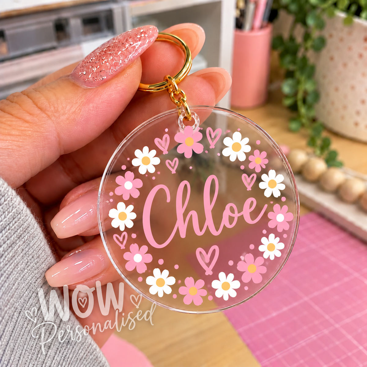Personalised Floral Name Acrylic Keyring | Daisy Flower Custom Keychain Gift