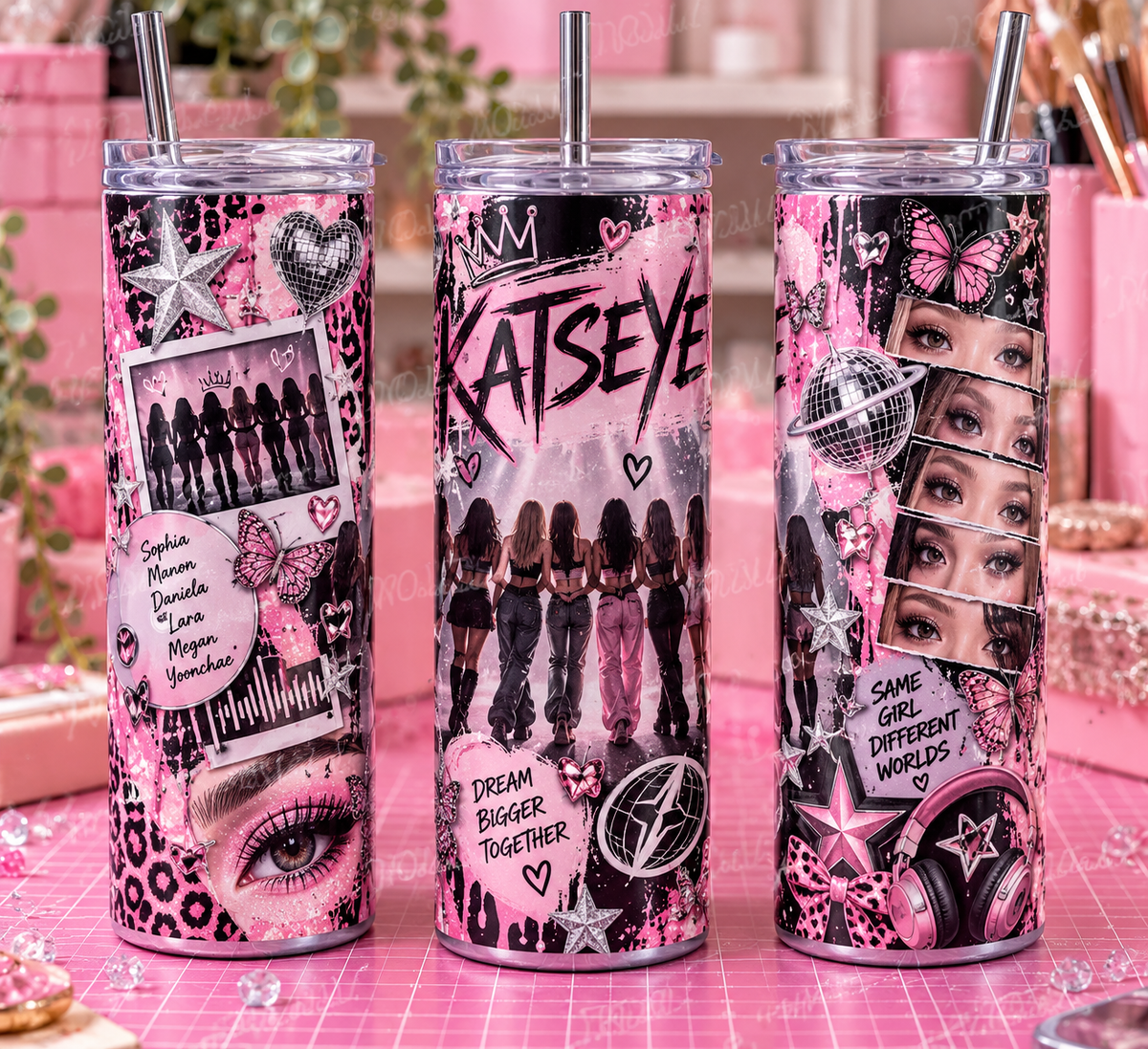 KATSEYE Inspired 20oz Skinny Tumbler | Pink K-Pop Girl Group Cup with Straw | K-Pop Fan Gift