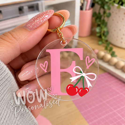 Personalised Initial Acrylic Keyring with Cherries | Custom Name Letter Keychain Gift