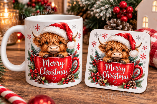 Merry Christmas Highland Cow Mug & Coaster Set | Cute Festive 11oz Christmas Gift