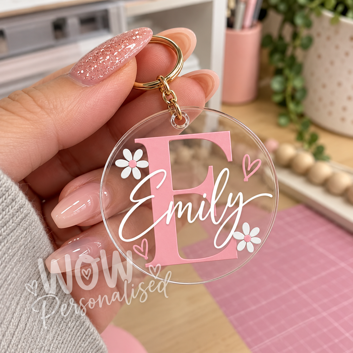 Personalised Initial & Name Acrylic Keyring | Custom Colour & Name | Cute Daisy Keychain Gift