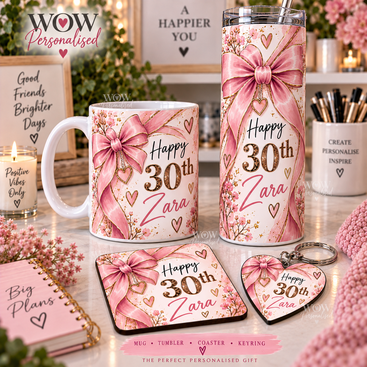Personalised Birthday Gift Set – Custom Name & Age Mug, Tumbler, Coaster & Keyring