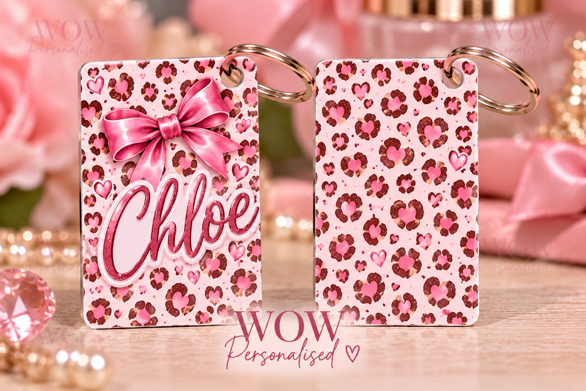 Personalised Pink Leopard Name Key Ring | Custom Double-Sided Keyring