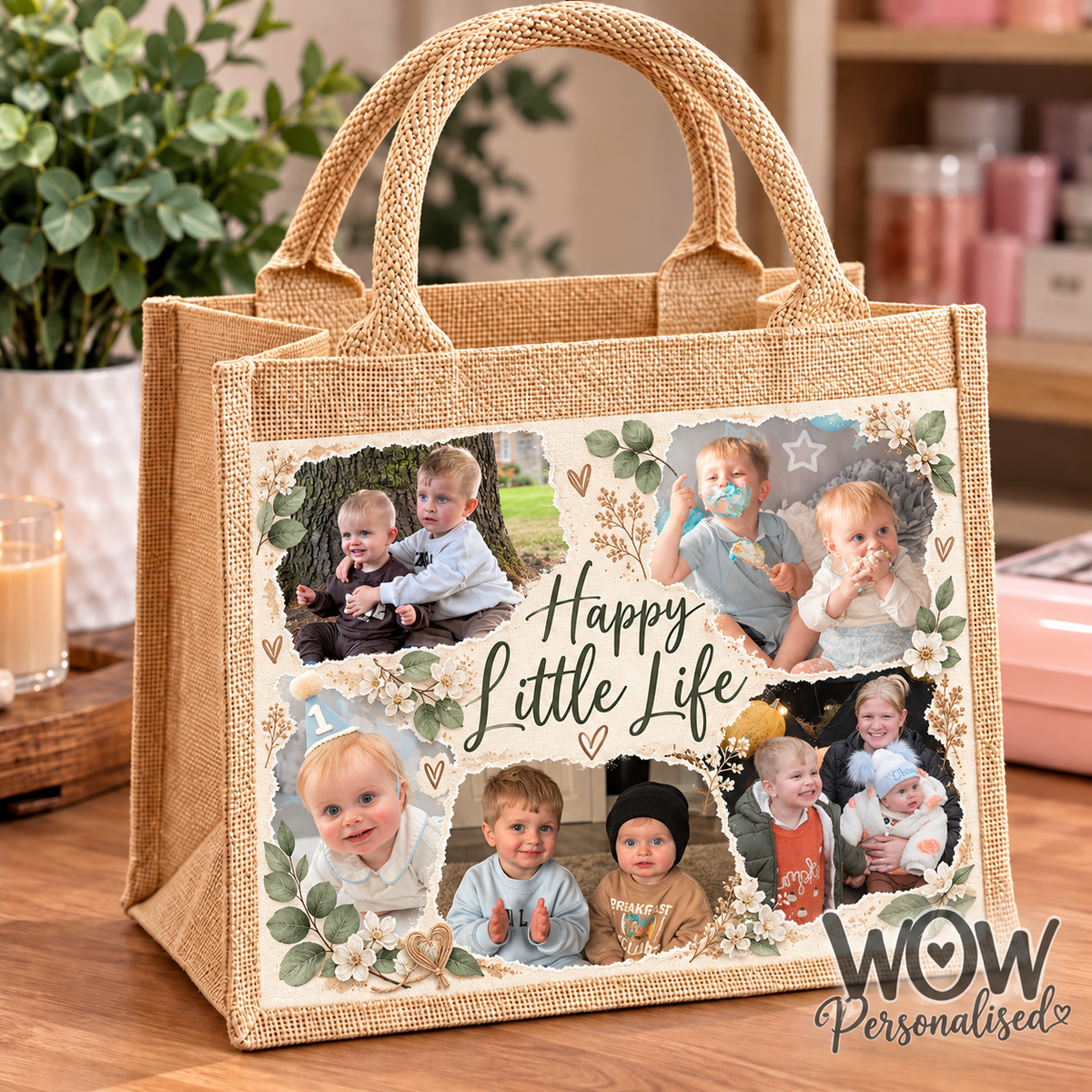 Personalised Photo Jute Tote Bag | 5 Photo Collage Keepsake Bag | Happy Little Life