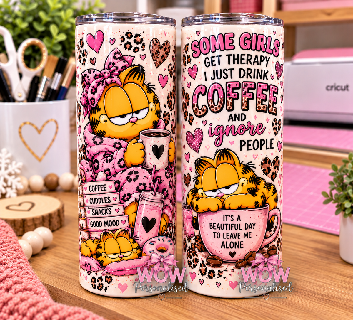 Garfield Inspired 20oz Skinny Tumbler | Pink Leopard Print Coffee & Sarcasm Cup | Funny Cat Travel Mug