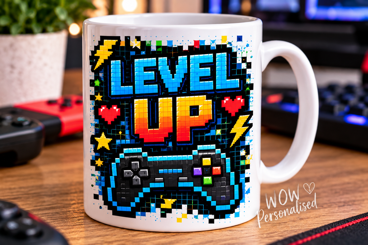 Level Up Gaming Mug | Retro Pixel Gamer Coffee Cup | 11oz Gaming Gift for Boys, Girls & Gamers