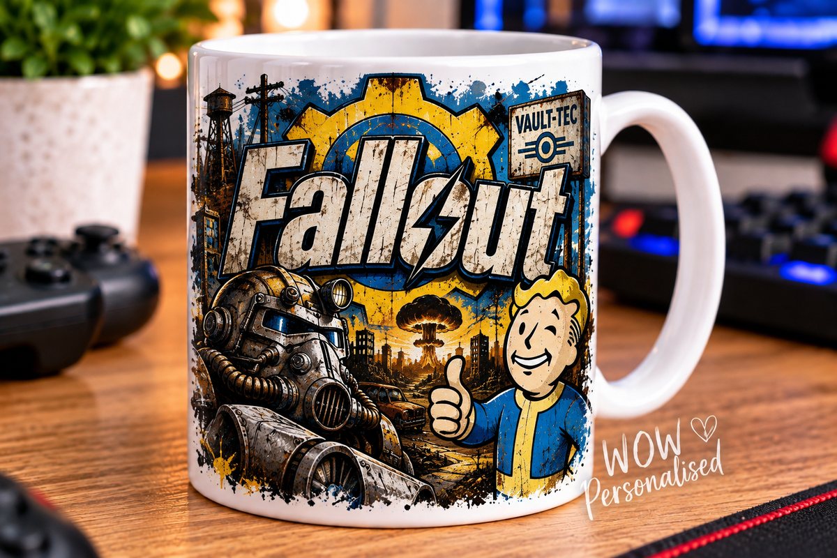 Fallout Inspired Gaming Mug | Vault Boy & Power Armour Design | 11oz Ceramic Coffee Cup