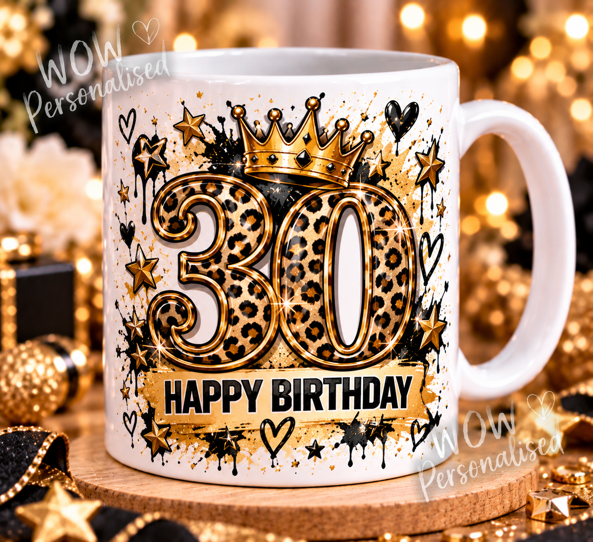30th Birthday Mug | Black & Gold Leopard Print Crown Design | 11oz Ceramic Cup | Milestone Birthday Gift for Him or Her