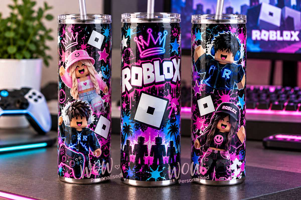 Roblox Inspired 20oz Skinny Tumbler | Pink, Blue & Black Gaming Design | Gamer Gift for Boys & Girls