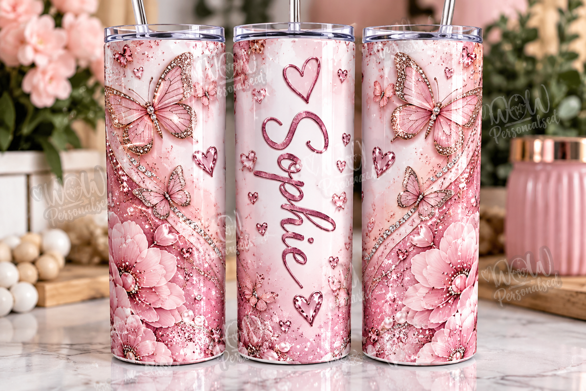 Personalised Pink Butterfly 20oz Skinny Tumbler | Custom Name Cup