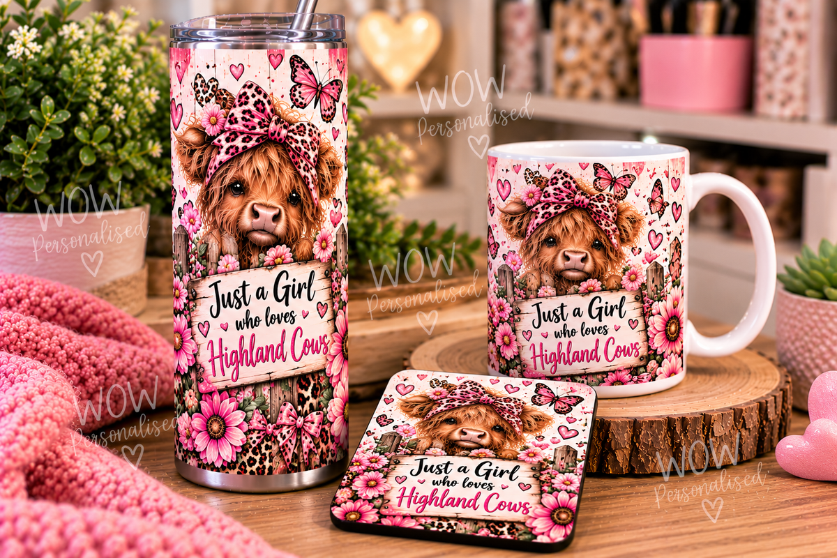 Highland Cow Matching Gift Set | 20oz Skinny Tumbler, Mug & Coaster