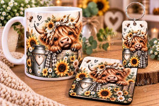 Highland Cow Matching Gift Set | Mug, Coaster & Keyring | Sunflower Design