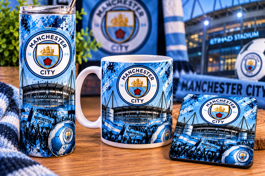 Manchester City Inspired Gift Set | 20oz Skinny Tumbler, Mug & Coaster