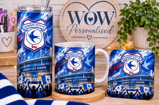 Cardiff City FC Football Gift Set | 20oz Skinny Tumbler, Mug & Coaster | Bluebirds Fan Gifts