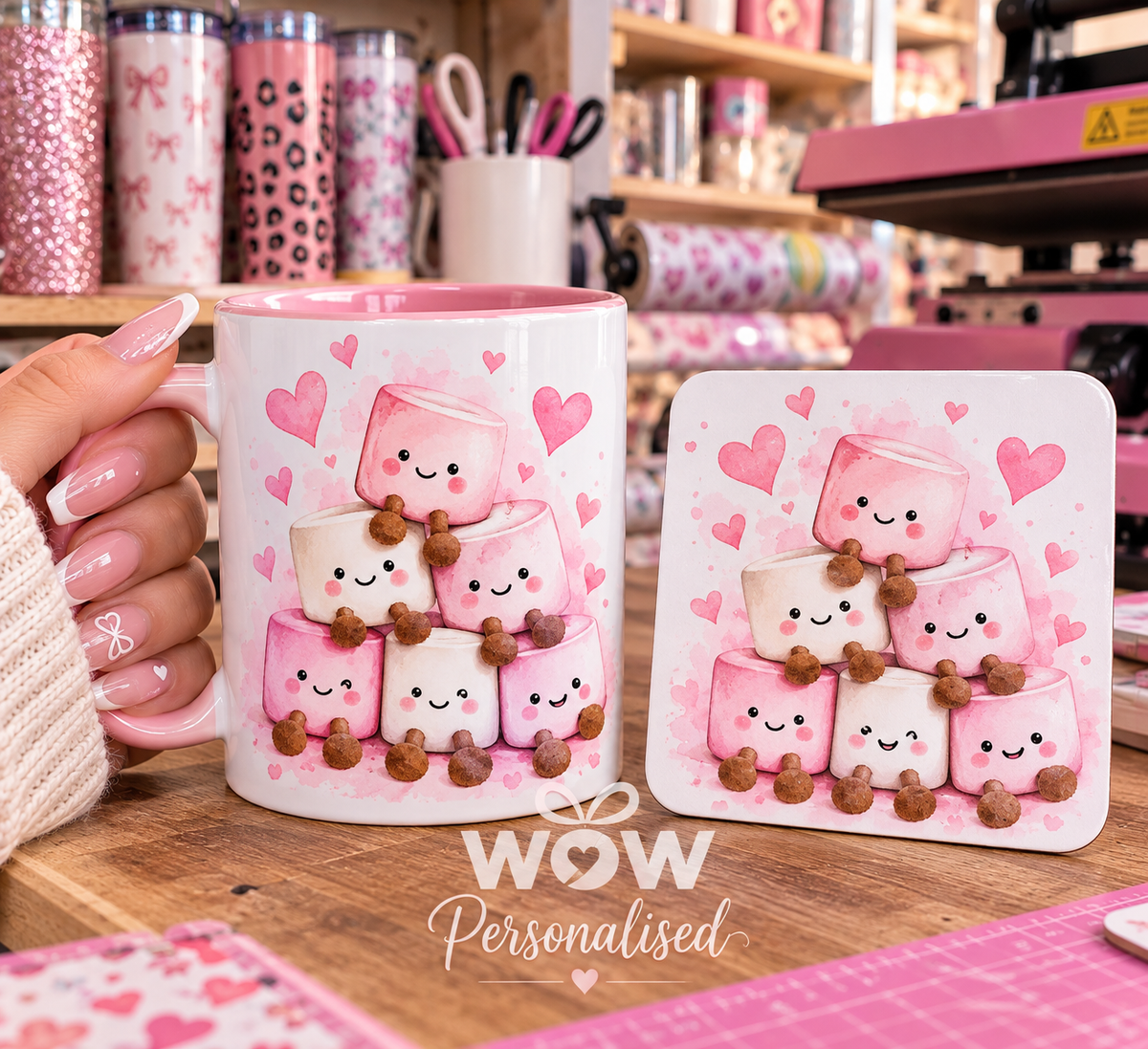 Cute Marshmallow Mug & Matching Coaster Set | Pink Kawaii Gift Set
