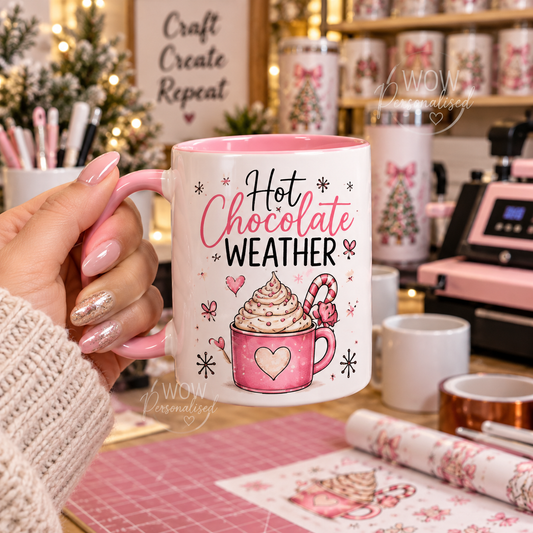 Hot Chocolate Weather Mug | Cute Pink Christmas Mug | Cosy Winter Gift