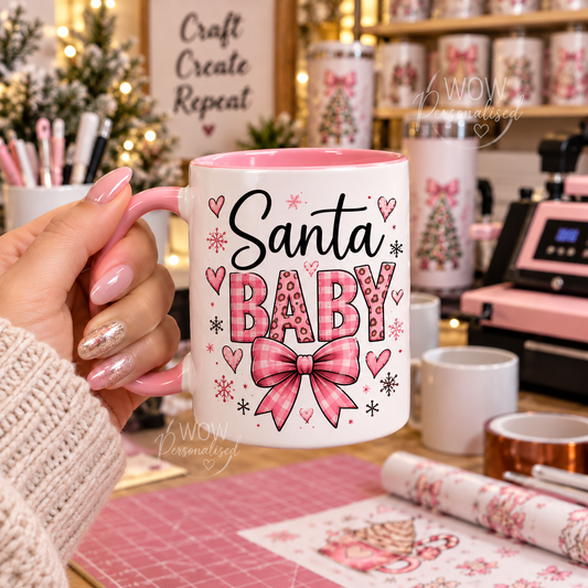 Santa Baby Christmas Mug | Pink Festive Bow Mug | Cute Christmas Gift for Her