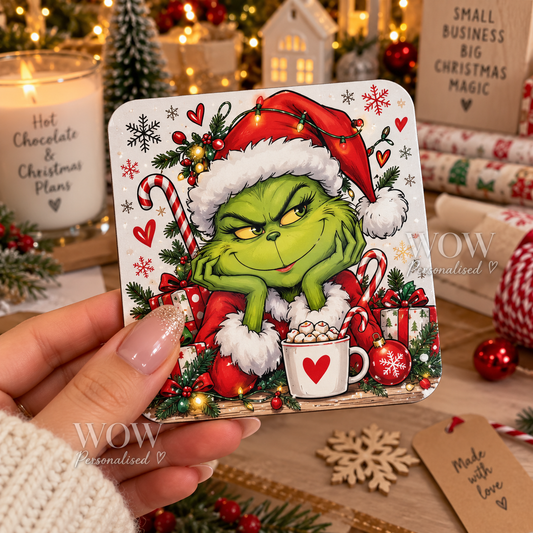 Green Christmas Character Coaster | Funny Festive Coaster | Christmas Gift