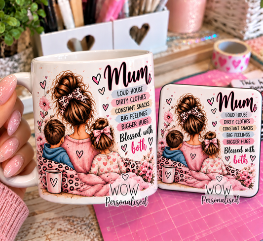 Blessed With Both Boy & Girl Mum Mug and Coaster Set | Mother & Children Gift | Mother’s Day, Birthday Gift | WOW Personalised