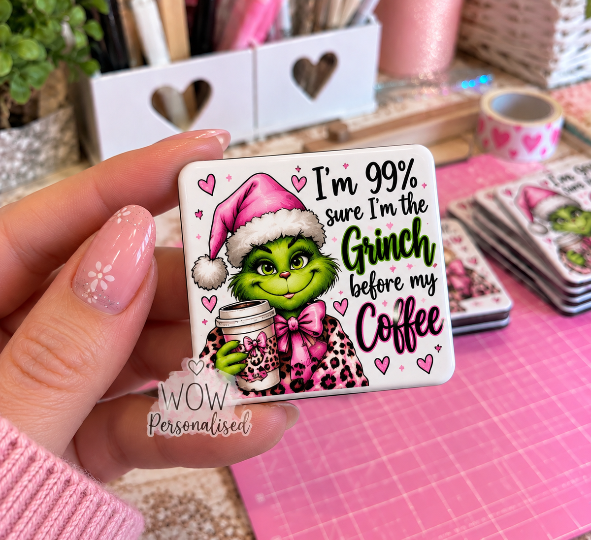 Funny Grinch Before Coffee Fridge Magnet | Pink Christmas Grinch Magnet | 5x5cm Novelty Gift | WOW Personalised